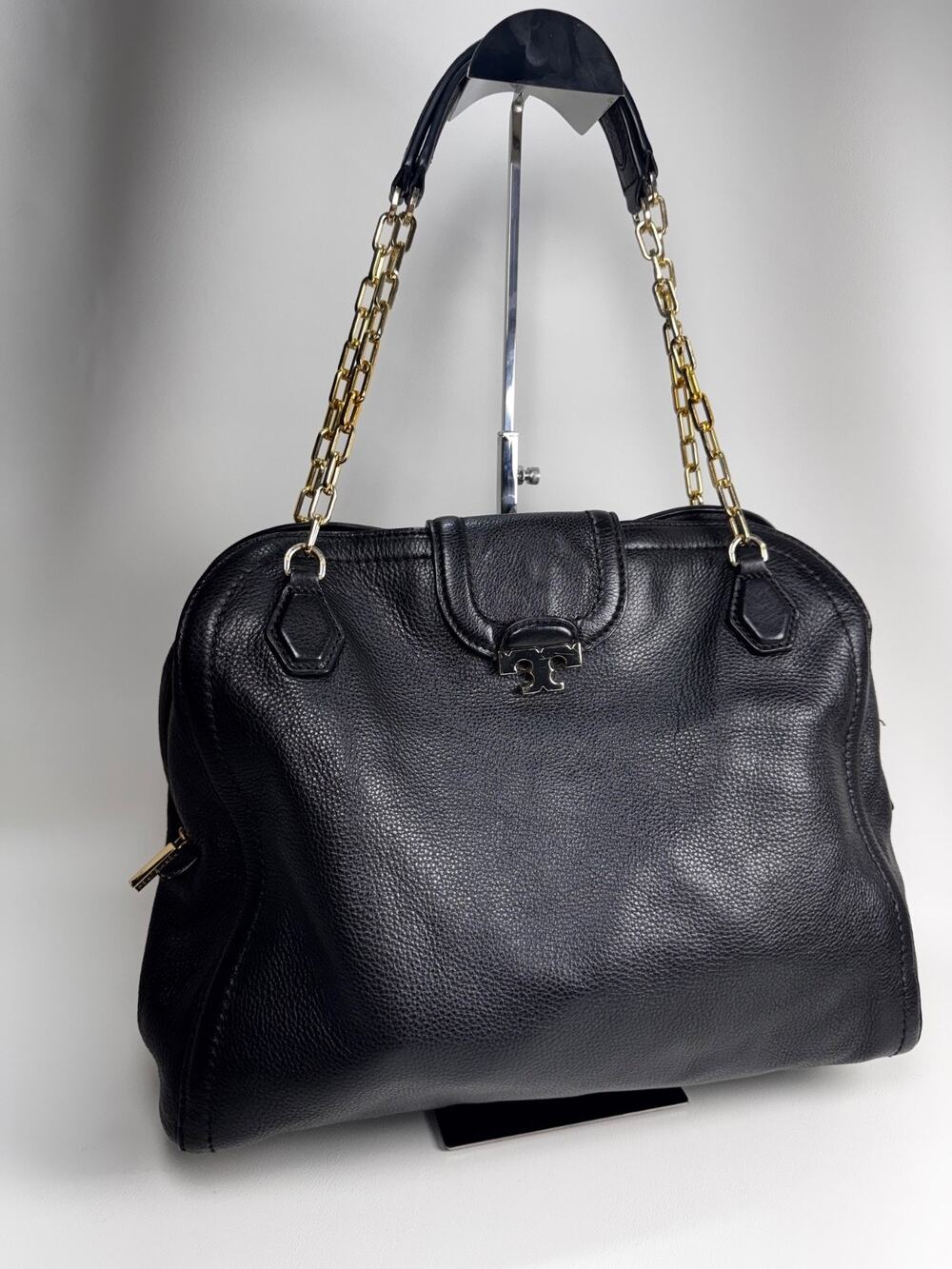 Tory Burch Amanda Black Pebbled Leather Hobo Satchel Shoulder Bag Gold Chain T